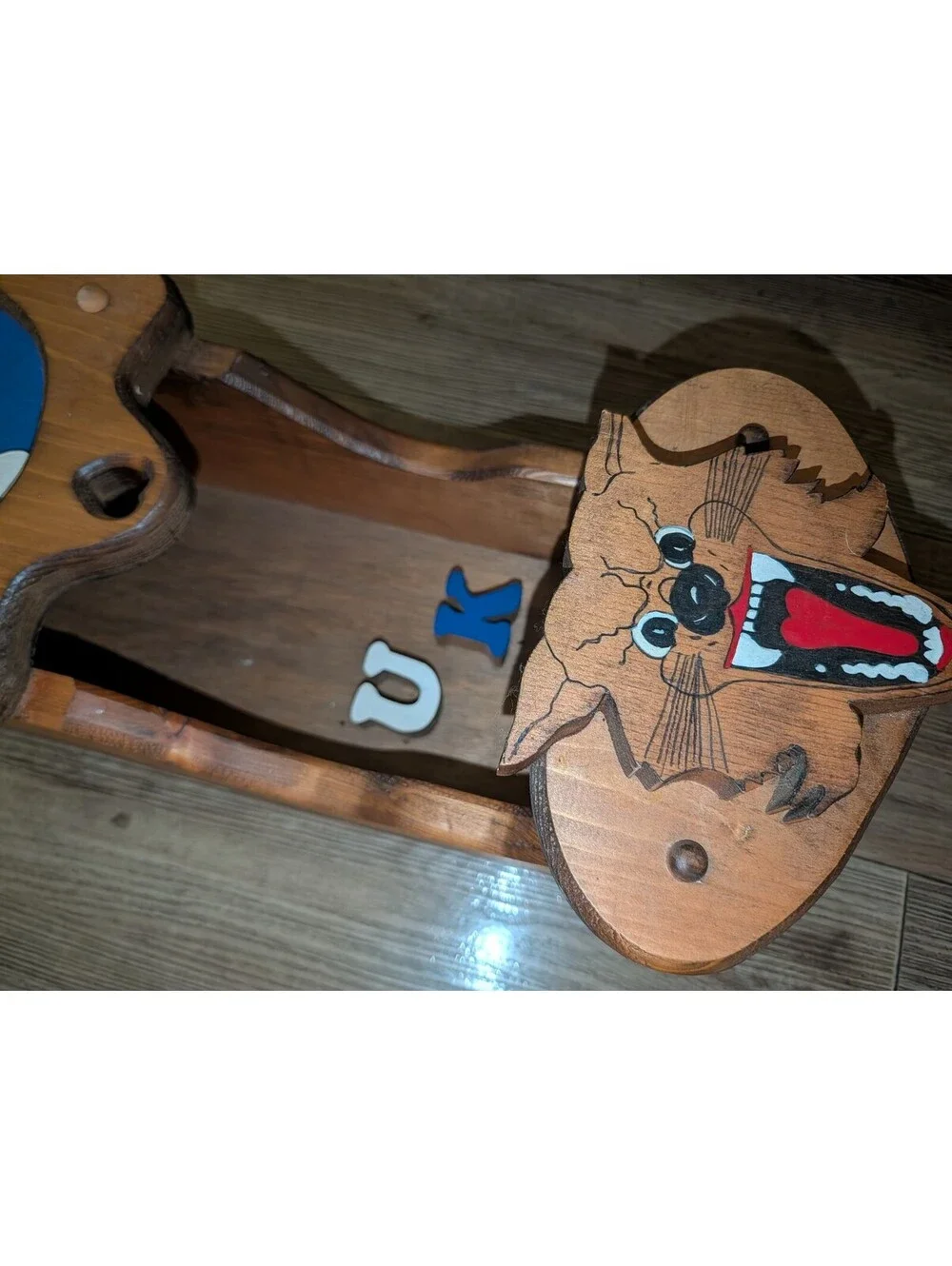 Vintage Handmade Wooden UK Clock with WildCat and clock may need repair
